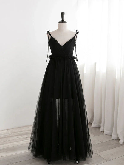 A-Line Black Tulle Long Prom Dresses, Black Formal Evening Dresses ED0776