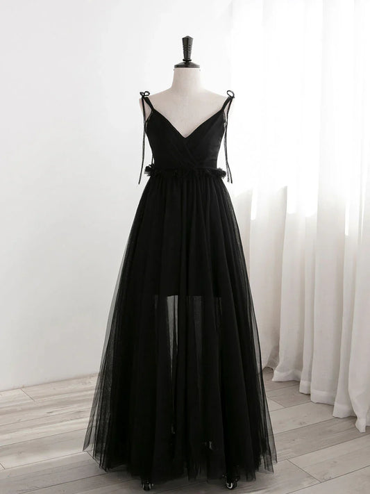 A-Line Black Tulle Long Prom Dresses, Black Formal Evening Dresses ED0776