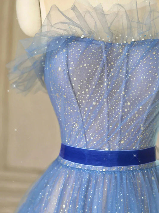 A-Line Tulle Blue Long Prom Dresses, Blue Tulle Formal Dresses ED0777
