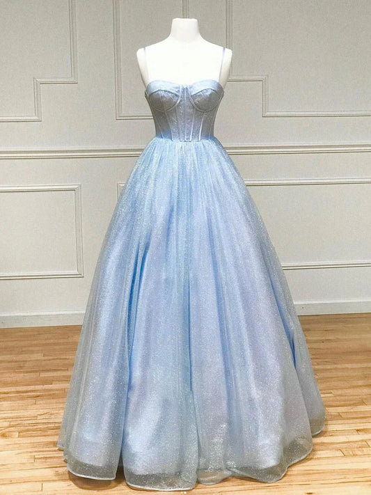 A-Line Tulle Blue Long Prom Dress, Blue Formal Evening Dresses HZ1024