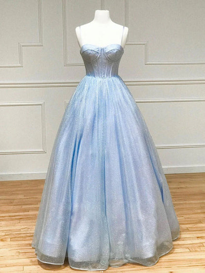 Shiny A-Line Tulle Blue Long Prom Dress, Blue Formal Evening Dresses ED0779