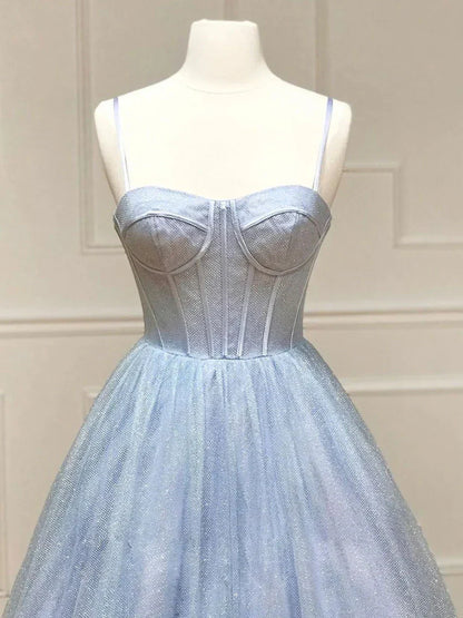 A-Line Tulle Blue Long Prom Dress, Blue Formal Evening Dresses HZ1024