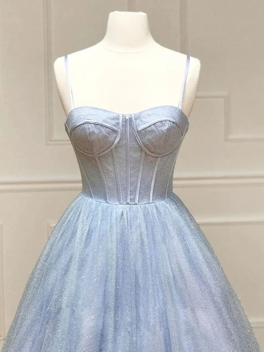 Shiny A-Line Tulle Blue Long Prom Dress, Blue Formal Evening Dresses ED0779