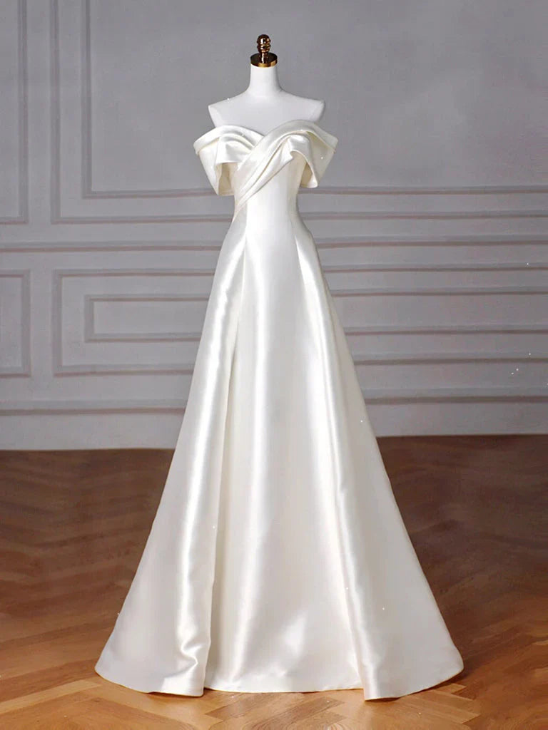 A-Line Off Shoulder Satin ivory Long Prom Dress, Satin Long Formal Dress   ED077