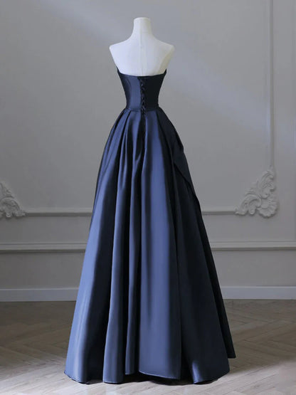 A-Line V Neck Satin Dark Blue Long Prom Dress, Blue Long Formal Dress   ED078