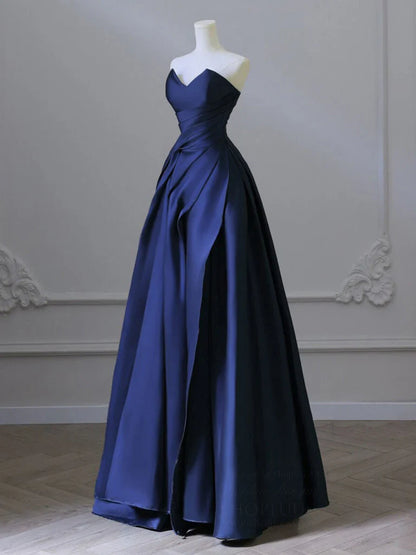 A-Line V Neck Satin Dark Blue Long Prom Dress, Blue Long Formal Dress   ED078