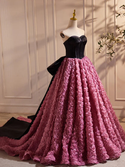 A-Line Sweetheart Neck 3D Flower Pink Long Prom Dress, Pink Long Formal Dress   ED079