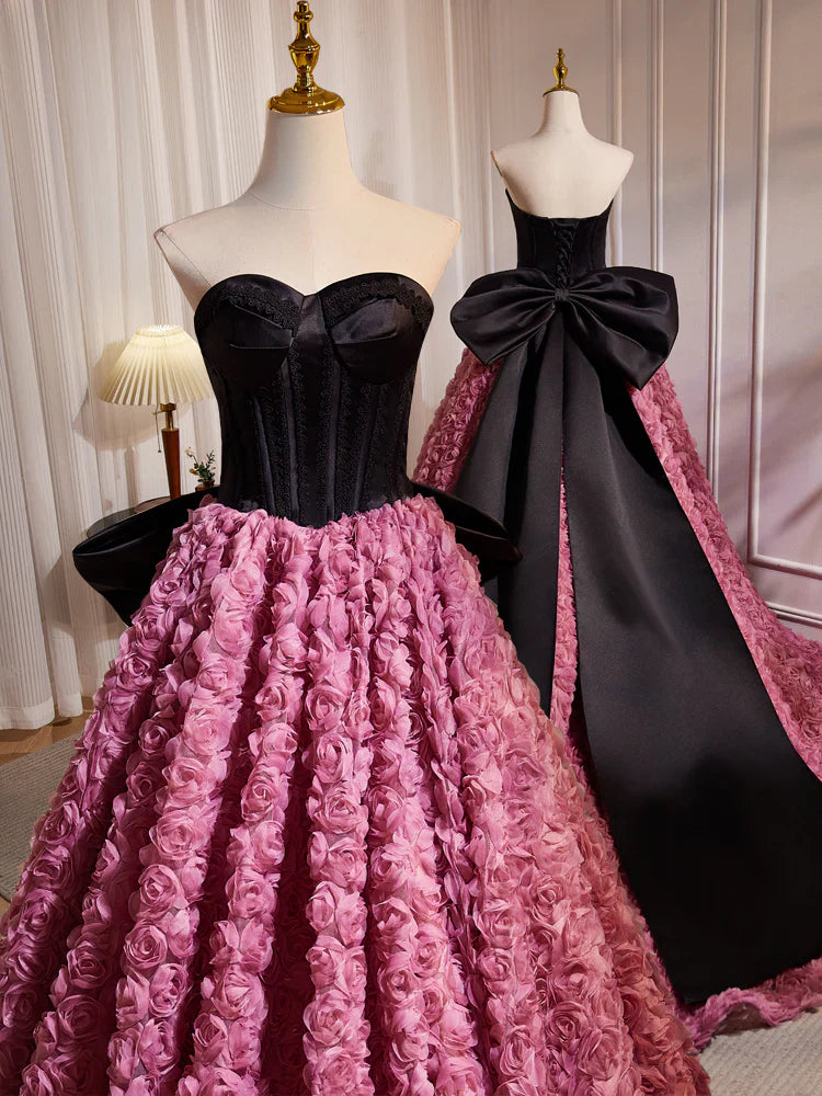 A-Line Sweetheart Neck 3D Flower Pink Long Prom Dress, Pink Long Formal Dress   ED079
