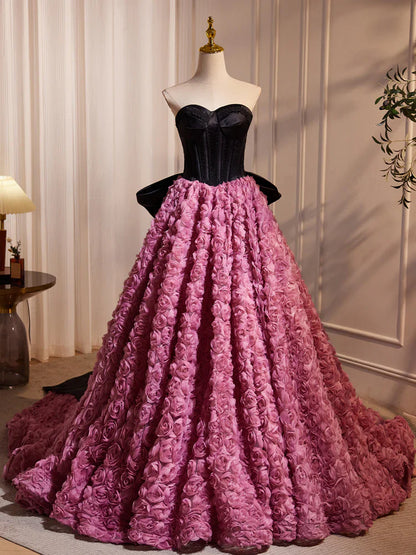 A-Line Sweetheart Neck 3D Flower Pink Long Prom Dress, Pink Long Formal Dress   ED079