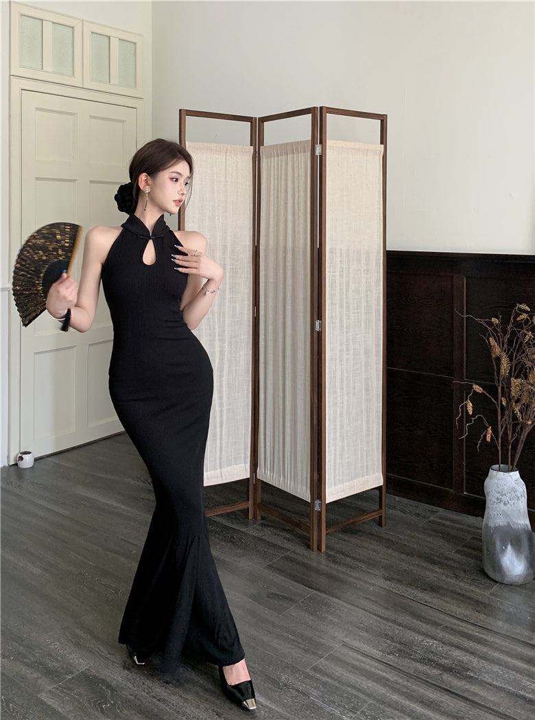 Chinese style improved cheongsam buttoned halter neck fishtail skirt HZ1024