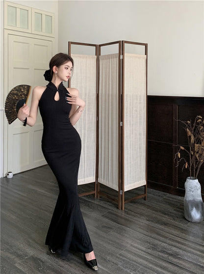 Chinese style improved cheongsam buttoned halter neck fishtail skirt HZ1024