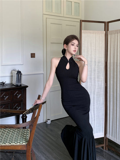 Chinese style improved cheongsam buttoned halter neck fishtail skirt HZ1024