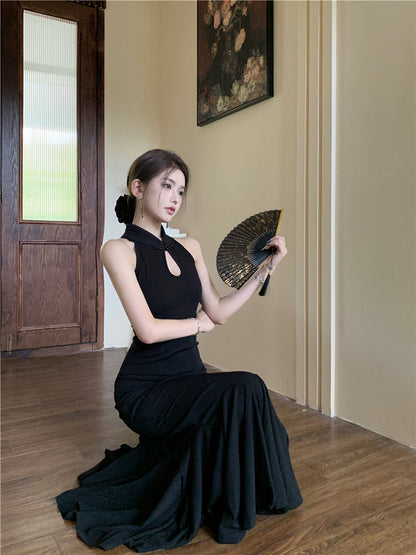 Chinese style improved cheongsam buttoned halter neck fishtail skirt HZ1024