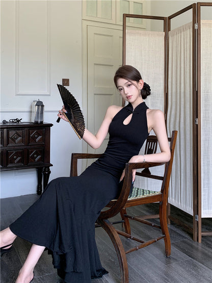 Chinese style improved cheongsam buttoned halter neck fishtail skirt HZ1024