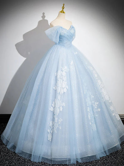 A-Line Off Shoulder Tulle Sequin Blue Long Prom Dress, Blue Sweet 16 Dress  ED081