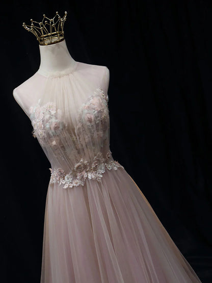 Pink A line tulle lace long prom dress pink tulle long evening dress ED0812