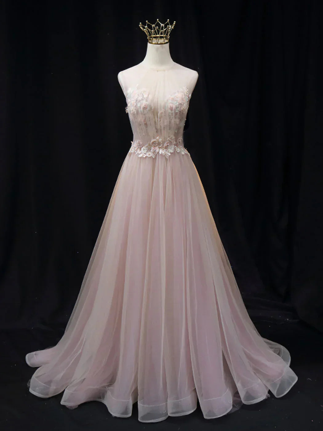 A line tulle lace long prom dress pink tulle long evening dress HZ1024