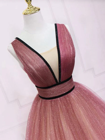 Simple v neck burgundy tulle long prom dress, tulle formal dress ED0813
