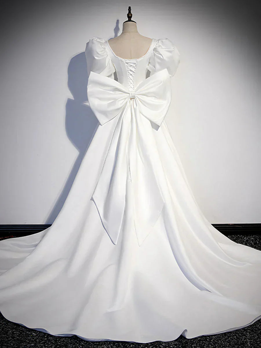 satin long prom dress, white long evening dress HZ1024