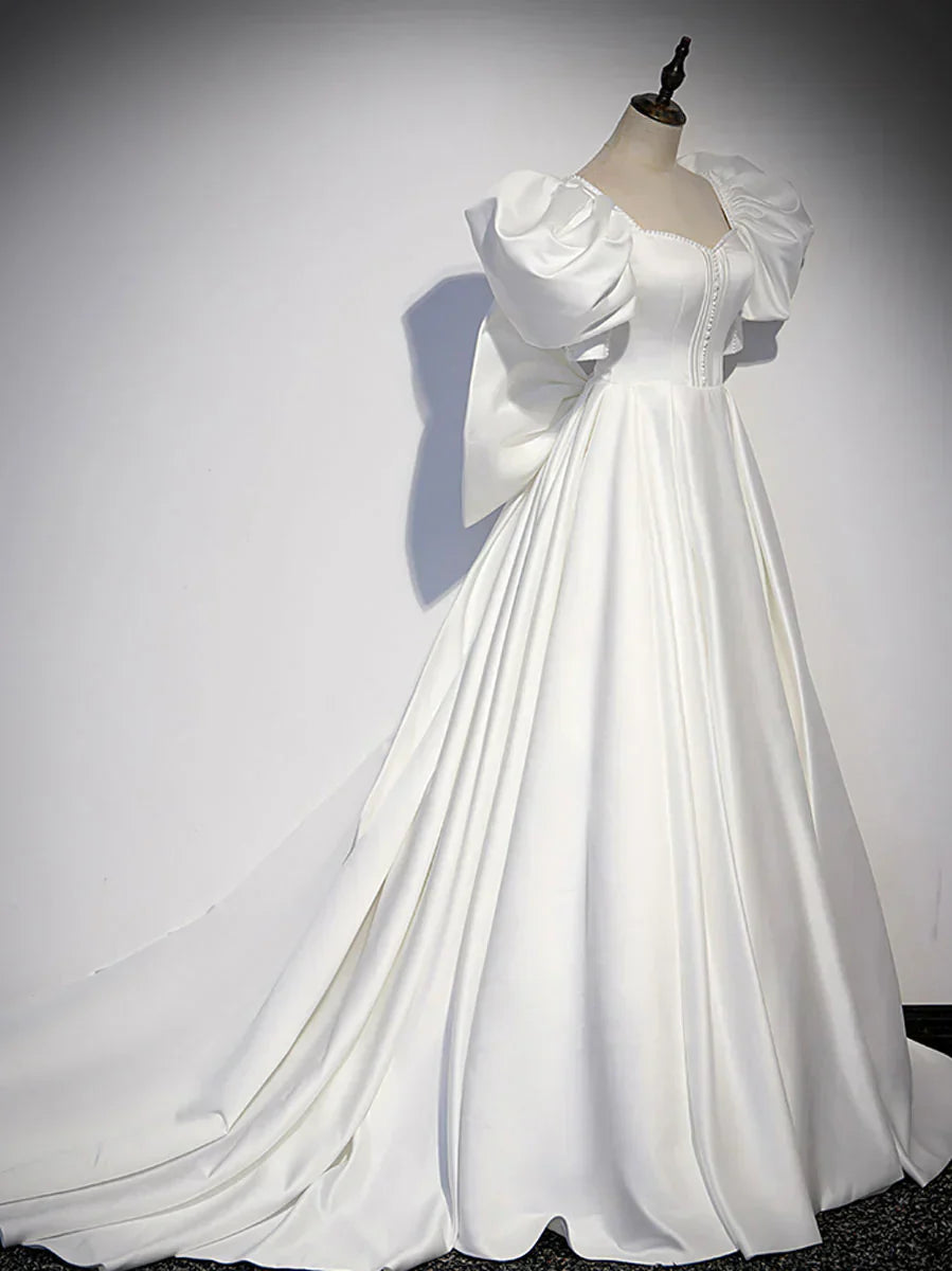 satin long prom dress, white long evening dress HZ1024