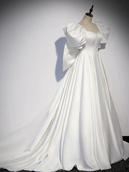 satin long prom dress, white long evening dress HZ1024