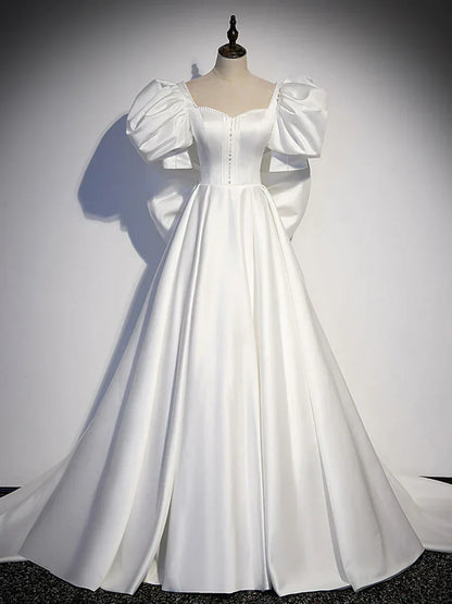 satin long prom dress, white long evening dress HZ1024