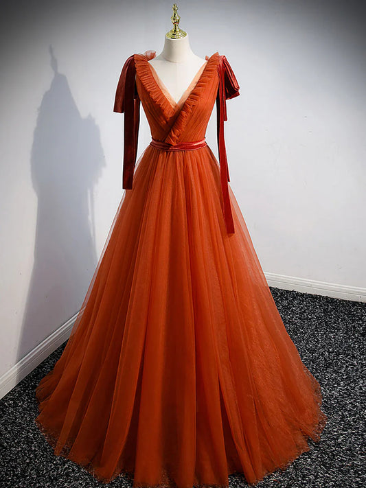 Brick Red V Neck Tulle Long Prom Dresses, Simple Formal Gown Graduation Dresses ED0819