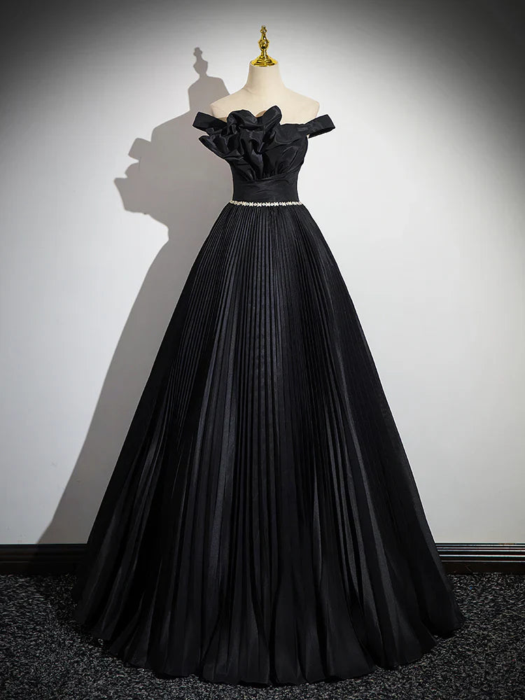 A-Line Off Shoulder  Black Long Prom Dress, Black Long Evening Dress ED082