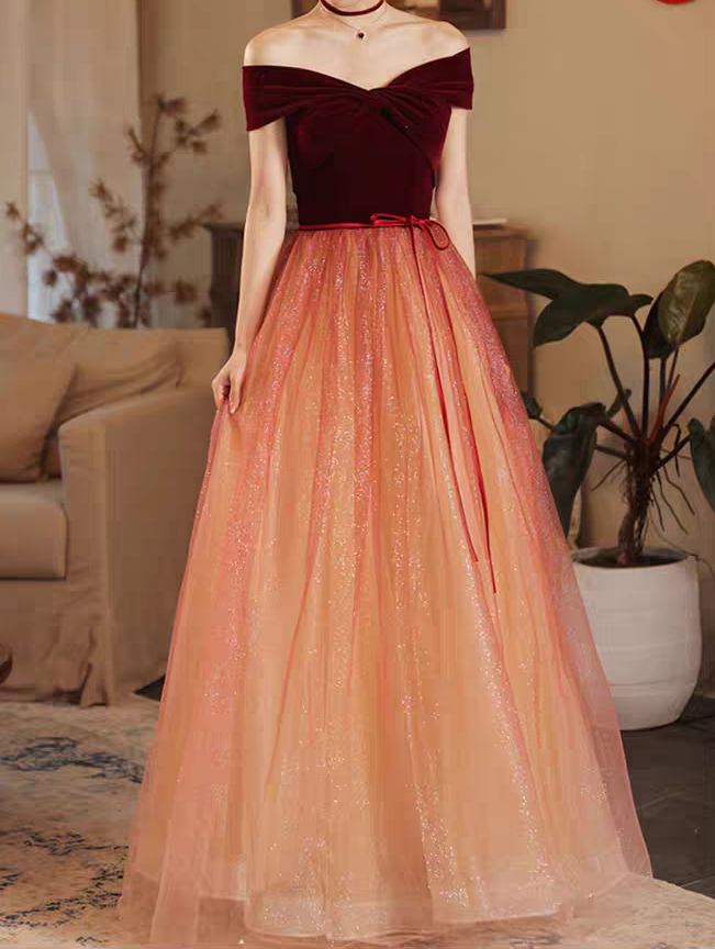 Burgundy off shoulder tulle long prom dress burgundy formal dress ED0820