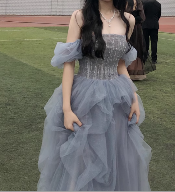 blue beads long prom dress gray tulle formal dress HZ1024