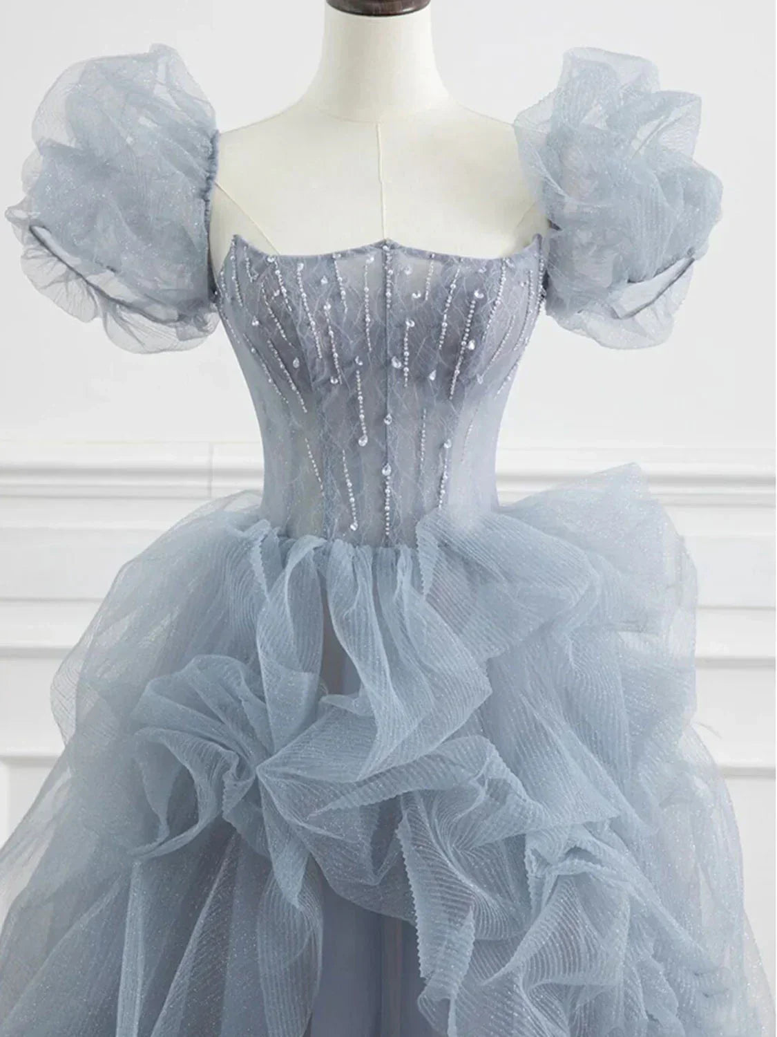 blue beads long prom dress gray tulle formal dress HZ1024