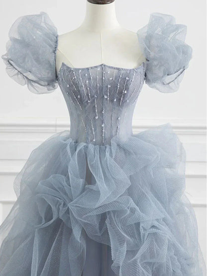blue beads long prom dress gray tulle formal dress HZ1024
