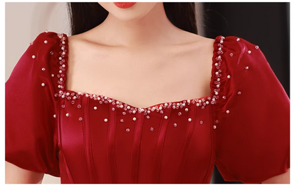 Burgundy A line satin beads long prom dress burgundy evening dress ED0824