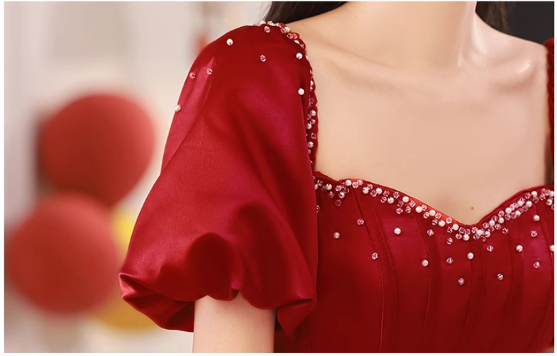 A line satin beads long prom dress burgundy evening dress HZ1024