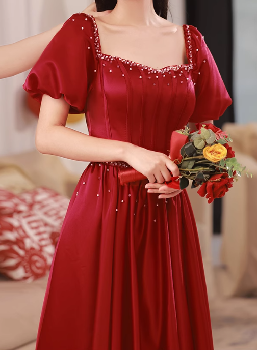 A line satin beads long prom dress burgundy evening dress HZ1024
