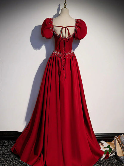 A line satin beads long prom dress burgundy evening dress HZ1024