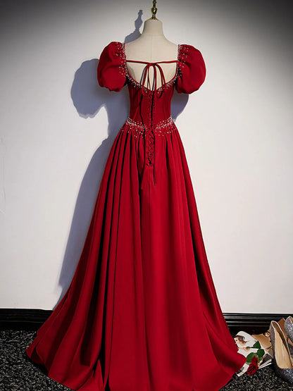 Burgundy A line satin beads long prom dress burgundy evening dress ED0824