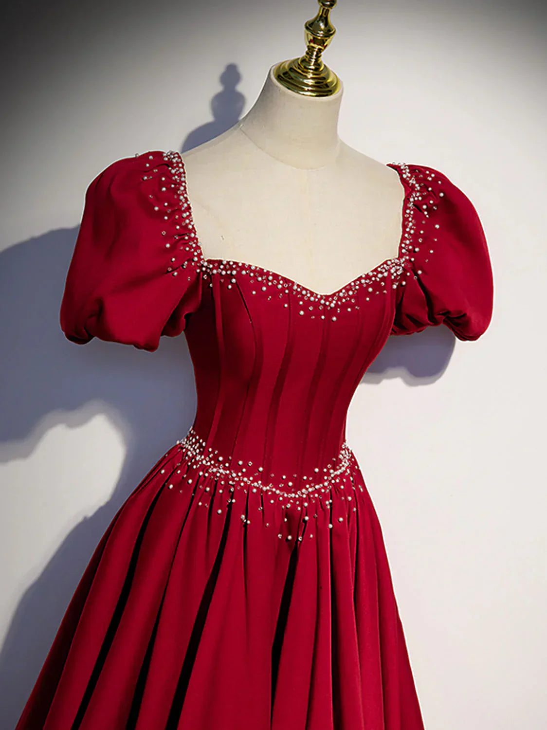 A line satin beads long prom dress burgundy evening dress HZ1024