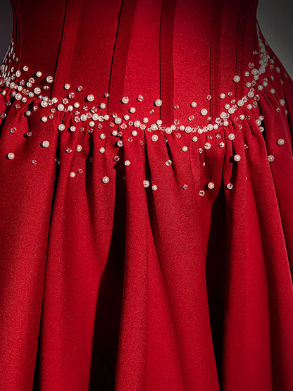 Burgundy A line satin beads long prom dress burgundy evening dress ED0824