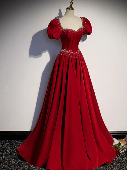 A line satin beads long prom dress burgundy evening dress HZ1024
