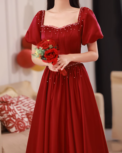 A line satin beads long prom dress burgundy evening dress HZ1024