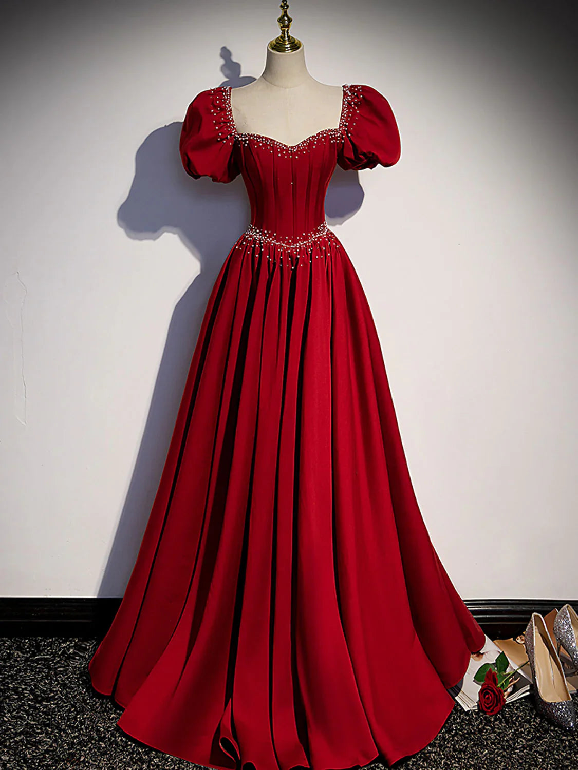 Burgundy A line satin beads long prom dress burgundy evening dress ED0824