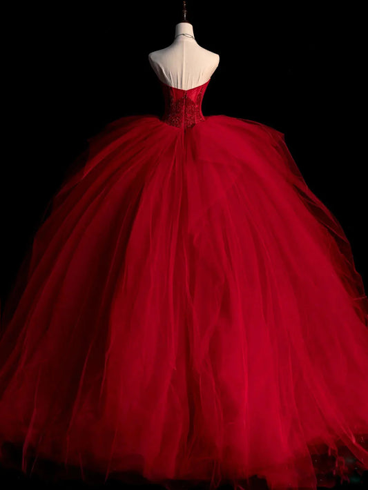 Burgundy tulle beads long prom dress, burgundy tulle wedding dress ED0826