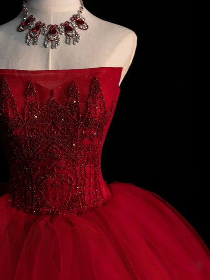 tulle beads long prom dress, burgundy tulle wedding dress HZ1024
