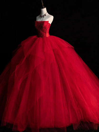 tulle beads long prom dress, burgundy tulle wedding dress HZ1024