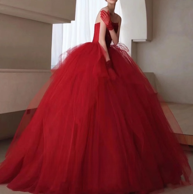 tulle beads long prom dress, burgundy tulle wedding dress HZ1024
