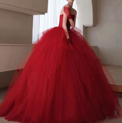 tulle beads long prom dress, burgundy tulle wedding dress HZ1024