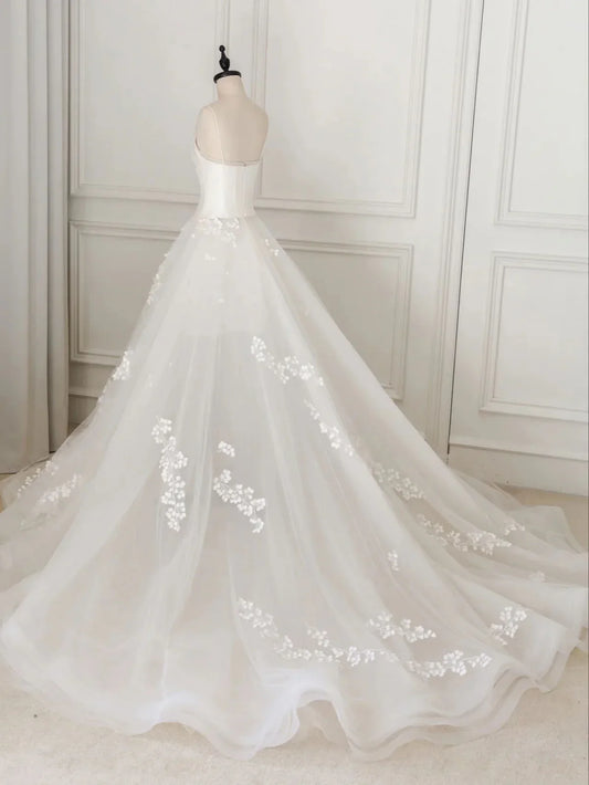 Ivory V Neck Tulle Lace Long Wedding Dress, Ivory Tulle Wedding Gown ED0827