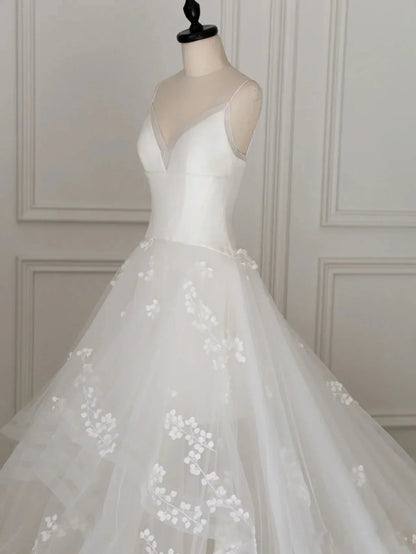 V Neck Tulle Lace Long Wedding Dress, Ivory Tulle Wedding Gown HZ1024