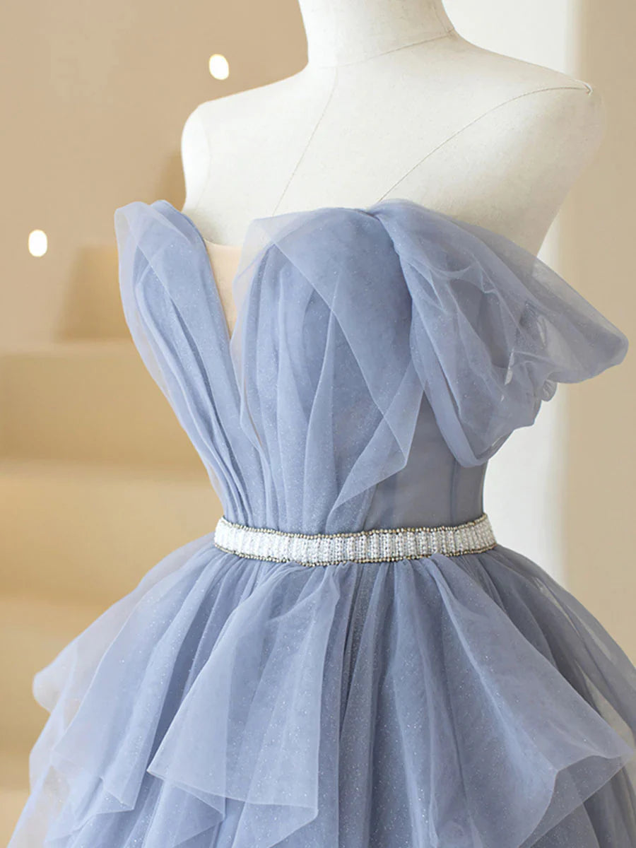 Gray purple tulle long prom dress, purple A line evening dress ED0828